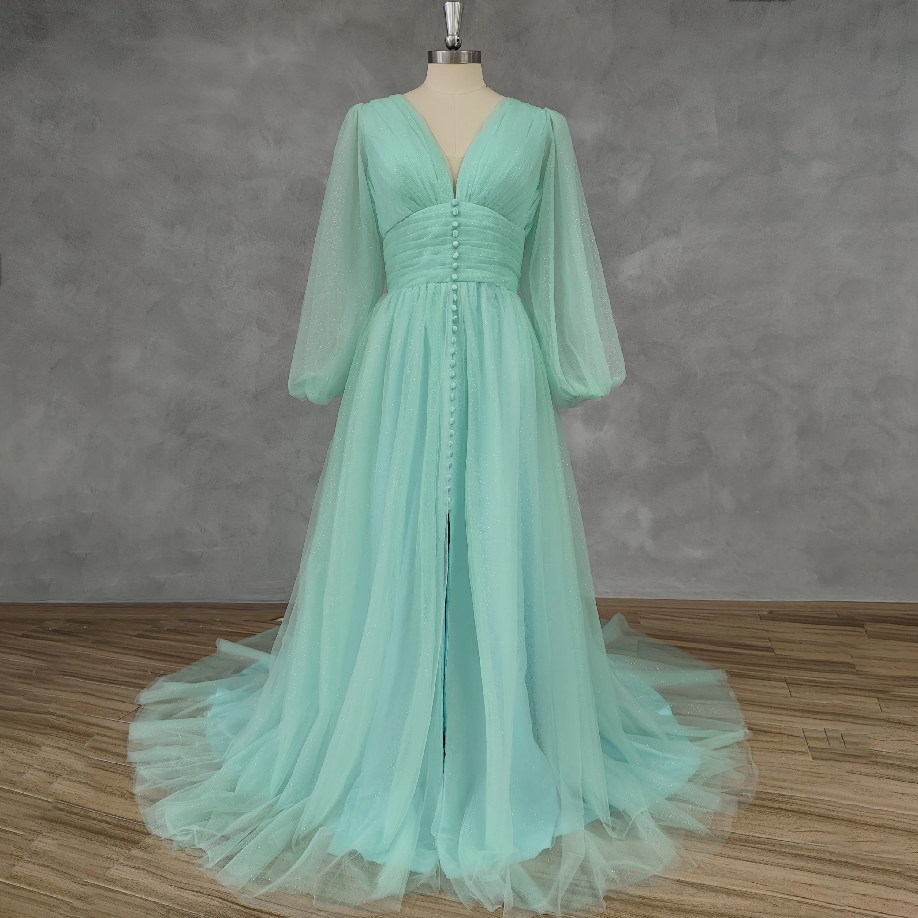 

DIDEYTTAWL Real Photos Turquoise Long Sleeves Ruched Shiny Tulle Prom Dress V-Neck Slit Lace Up Court TrainParty Gown