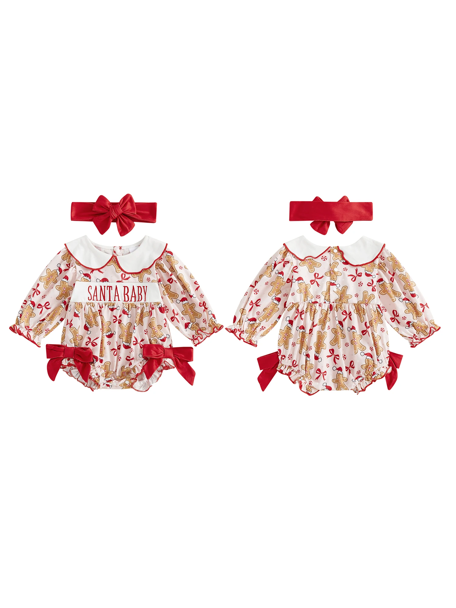 

Baby Girl Christmas Outfit Gingerbread Man Print Long Sleeve Doll Collar Romper Bow Headband 2 Piece Set