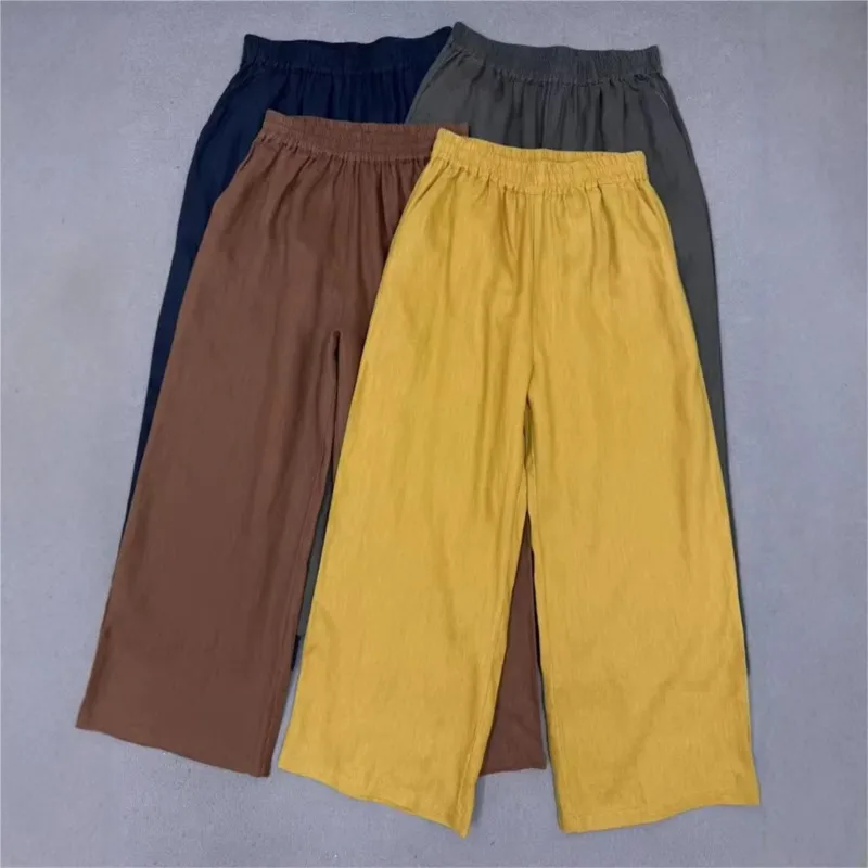

Johnature Spring New Linen Wide-Leg Pants Casual Simple Elastic Waist Solid Color Straight-Leg Linen Women Pants