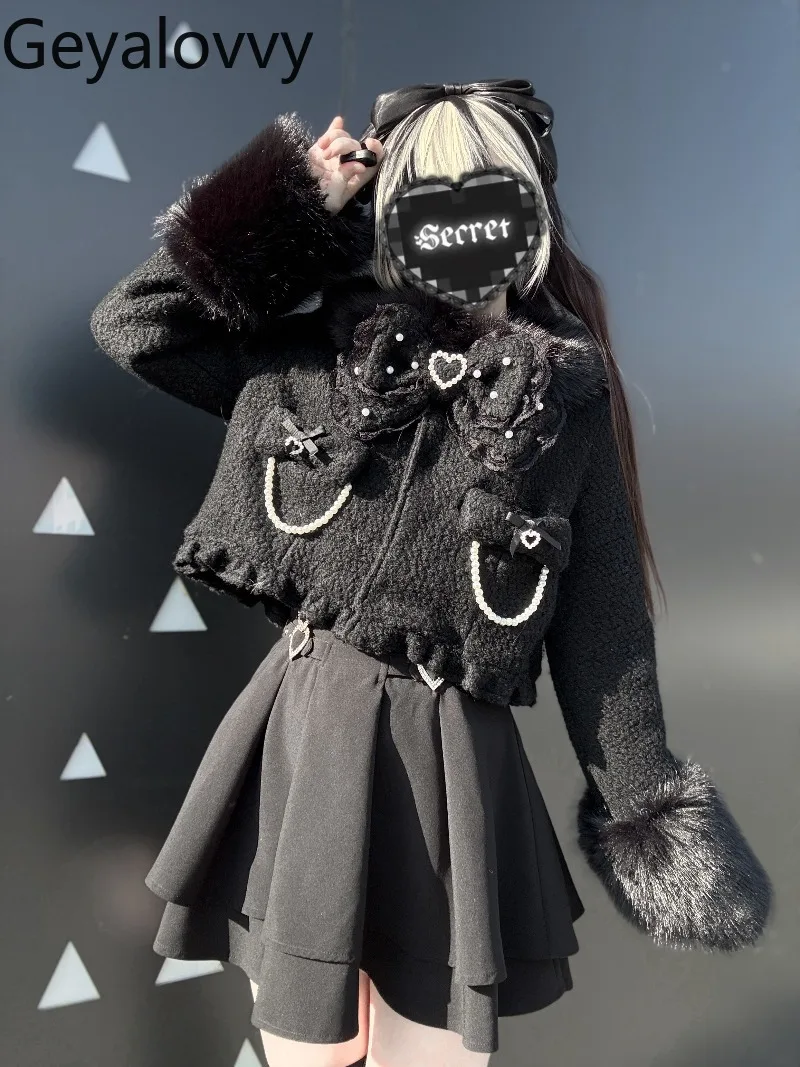 

Оригинальное короткое пальто из 54% шерсти массового производства, осень-зима, милая универсальная черная куртка на флисовой подкладке для девочек с бантом в японском стиле