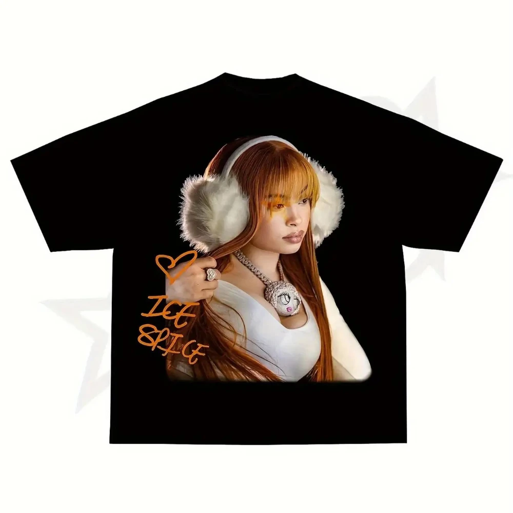Herren Unisex Ice Spice Iconic Print T-Shirt Regular Fit Kurzarm Rundhals Streetwear T-Shirt mit ikonischer Gesichtssignatur