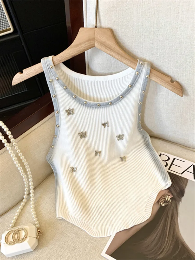 New Fashion Sweet Bowknot Knit Sweater Vest Women\'s Crop Tops 2024 Summer Sleeveless O-neck Knitwear Sexy Pullovers Female