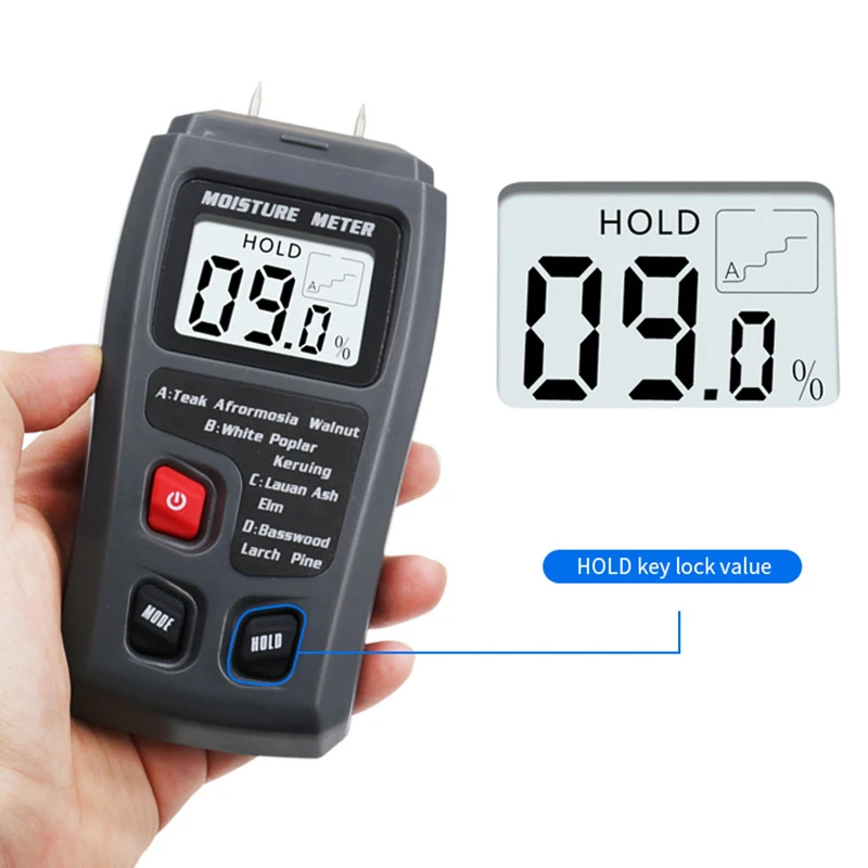 EMT01 0-99.9% Twee Pins Digital Hout Vochtmeter Hout Vochtigheid Tester Hygrometer Timber Vochtige Detector Grote Lcd Display