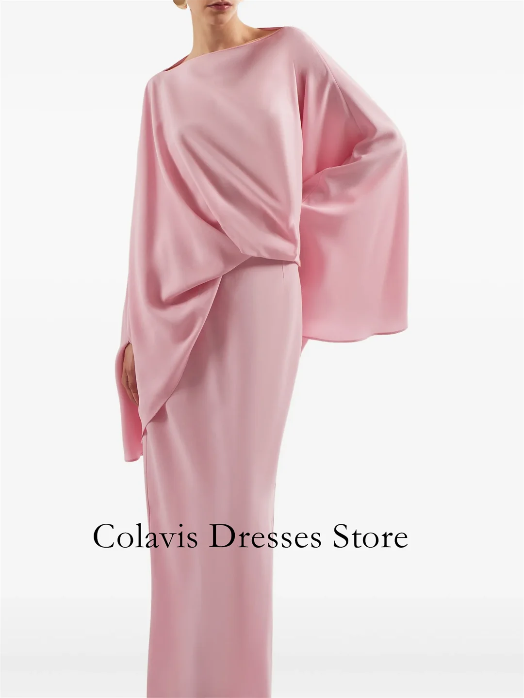 

2025 Customized Pink Boat Neck Flare Sleeves Simple Prom Dresses Evening Dress Women Evening Gowns Formal Party Dress