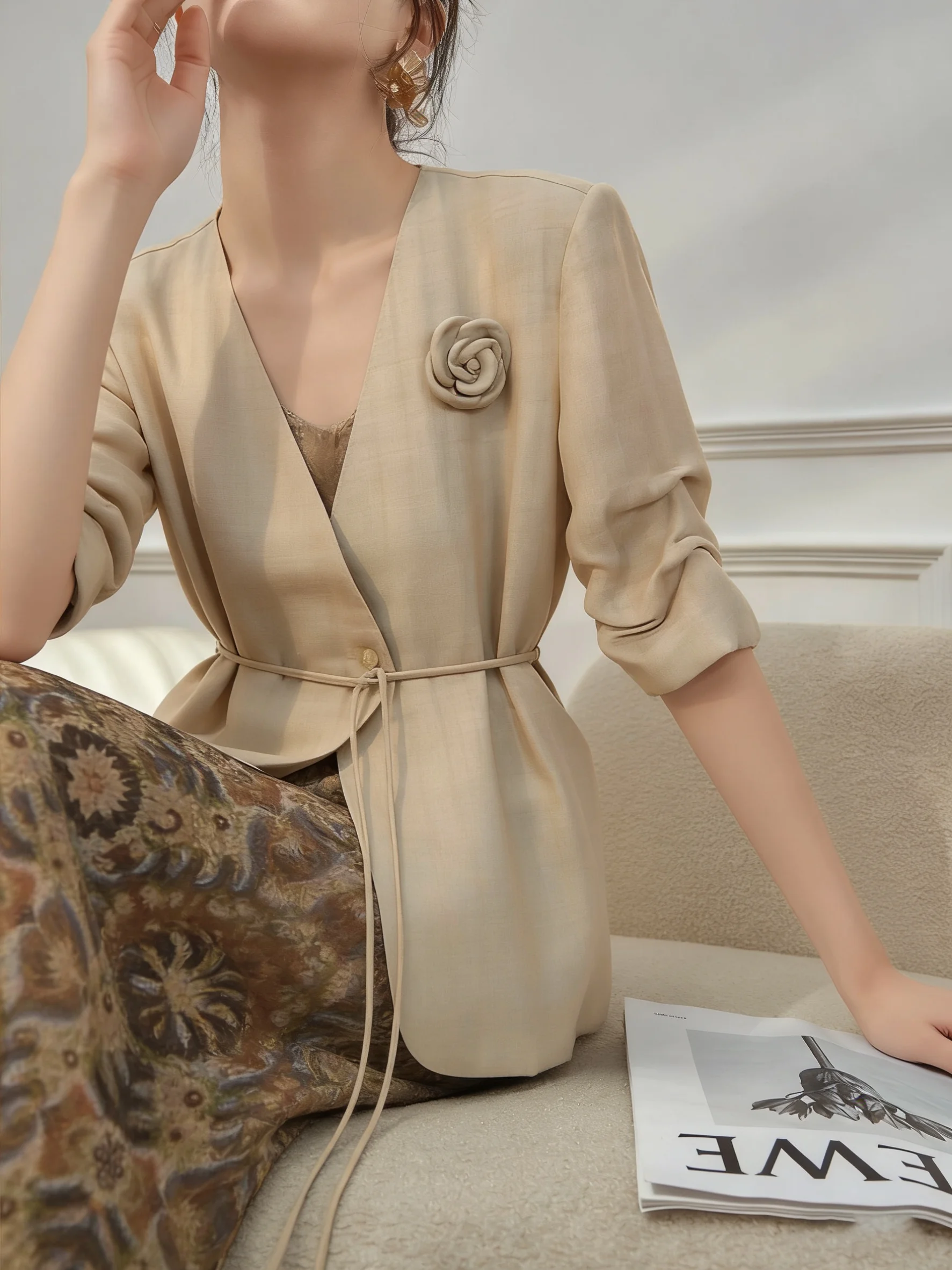 

Linen Short Sleeve Thin Outerwear Printed Dress Summer Set Women 2026 Casual High Waist Loose Fit V Neck Button up Fashion