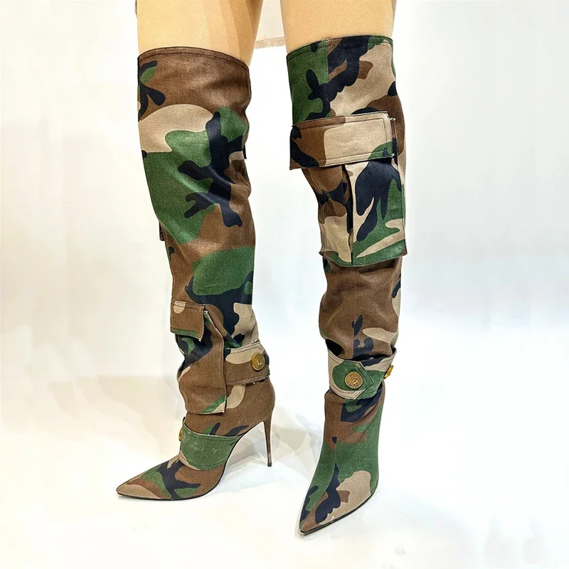 2024 New Women\'s Washed Blue Denim/Camouflage Long Boots Pointed High Heel Spice Girl Pocket Splice/rivet Knee High Boots