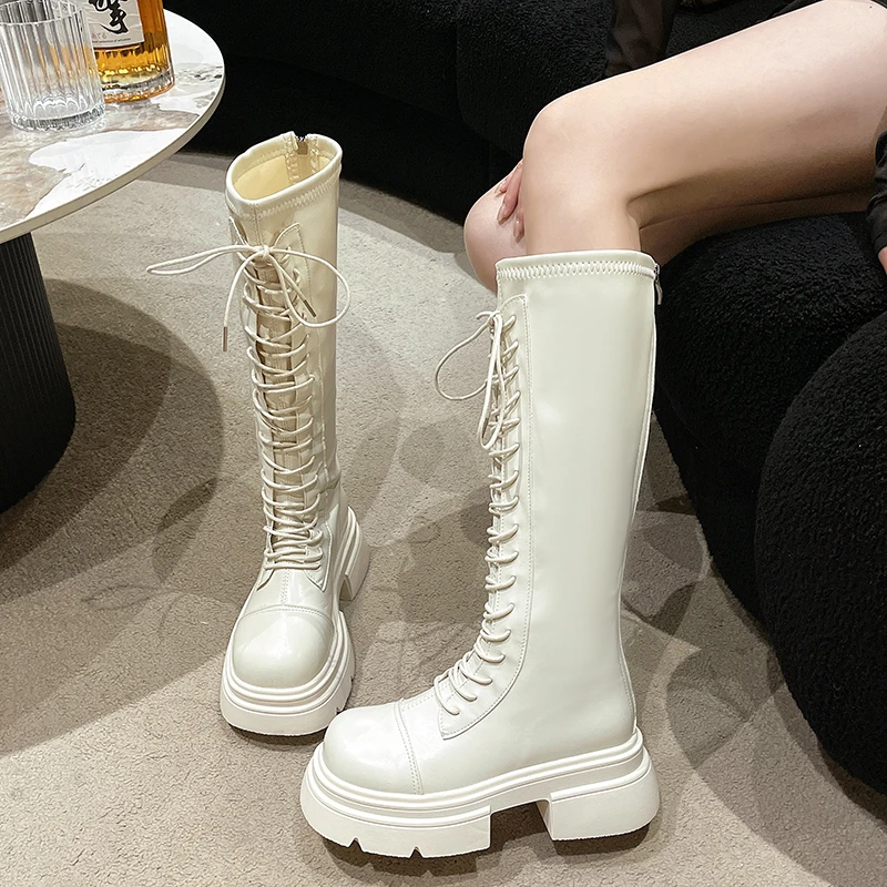 Women\'s Knee Length Lace Up Back Zipper Platform Fashionable Boots for Autumn and Winter, Women\'s Thigh Size Boots F18