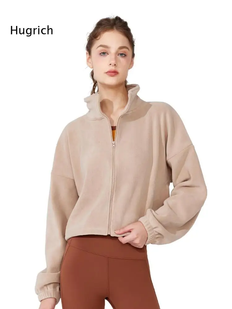 Stand Collar Zip Up Cropped Fleece Jacket Women Long Sleeve Drawstring Hem Loose Outer Coat For Street Wear And Morning Workout