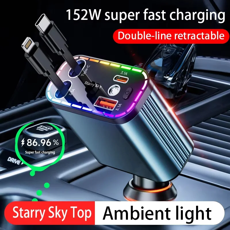 

ZRGAE 5 IN 1 Retractable Car Charger 152W Fast Charging Starry Sky LED Lights USB Type-C Power Adapter For iPhone Android
