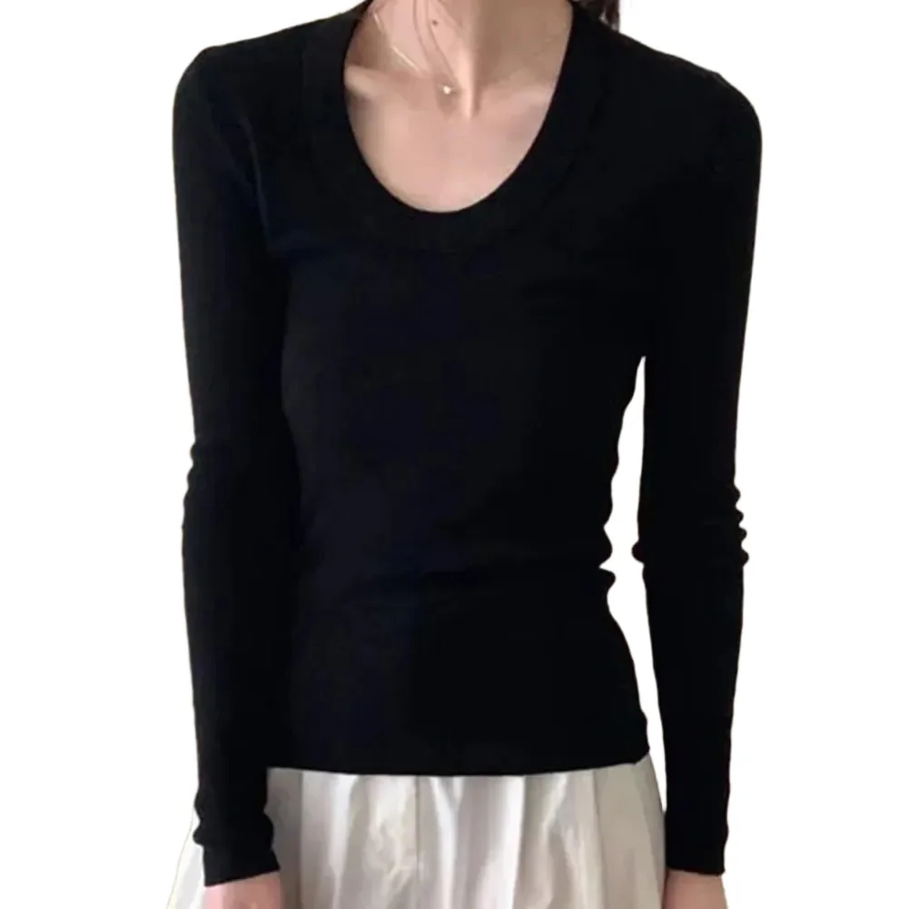 تي شيرت نسائي كوري برقبة على شكل حرف U وأكمام طويلة وطبقة أساسية كاجوال بقصة ضيقة ومصمم للاستخدام اليومي والعطلات