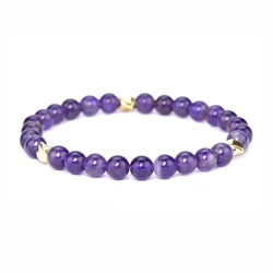 6mm Natural Amethyst Stone Bracelets Cute Beaded wrist Purple crystal Bracelet Copper Plated 14K Gold