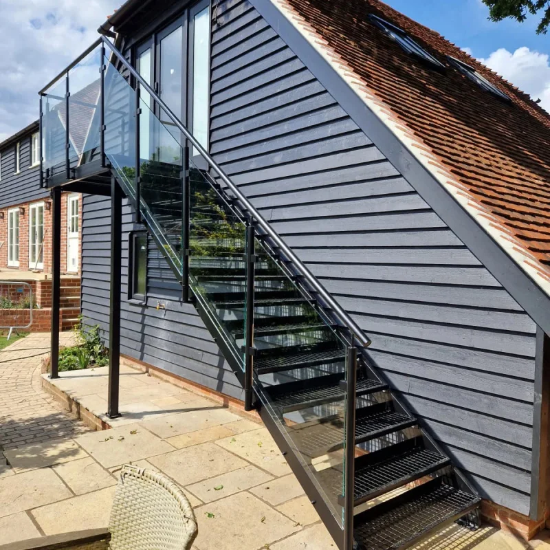 custom.Outdoor Terrace Staircase Custom Non-slip Steel Steps Straight Stairs Steel Structure External Stairs With Glass Railing