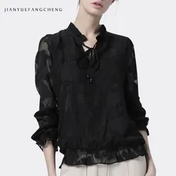 Vintage Embroidered Women Long Sleeve Chiffon Top Lightweight Breathable Spring Summer Casual Tops Floral Shirts