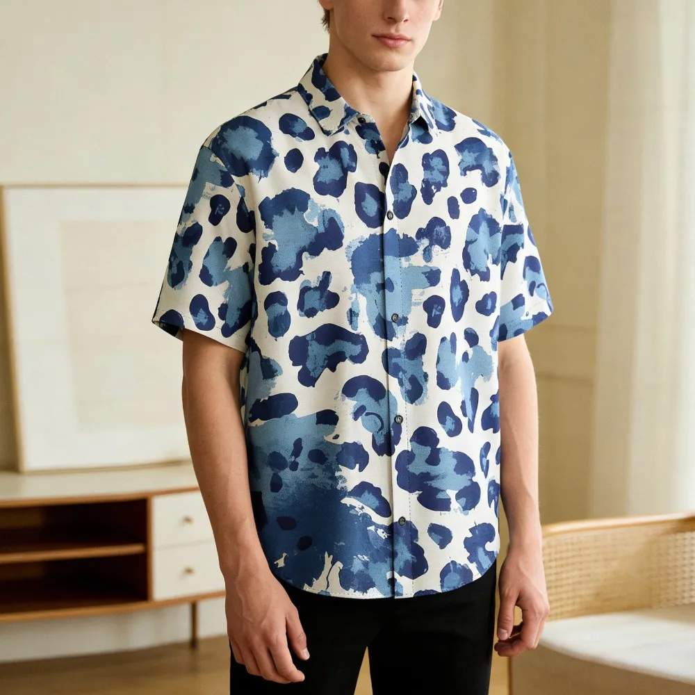 

Men's Blue Base Casual Shirt Unique Splatter Dye & Animal Print Design Short Sleeve Breathable Loose Fit Summer Tops Plus Size