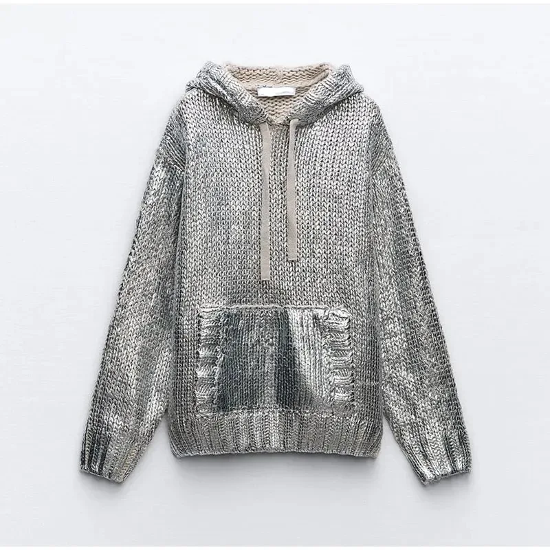 Camping Outdoor Women's sweater Personalized Street Metal coating crackle Round neck hood Knitted pullover hoodie