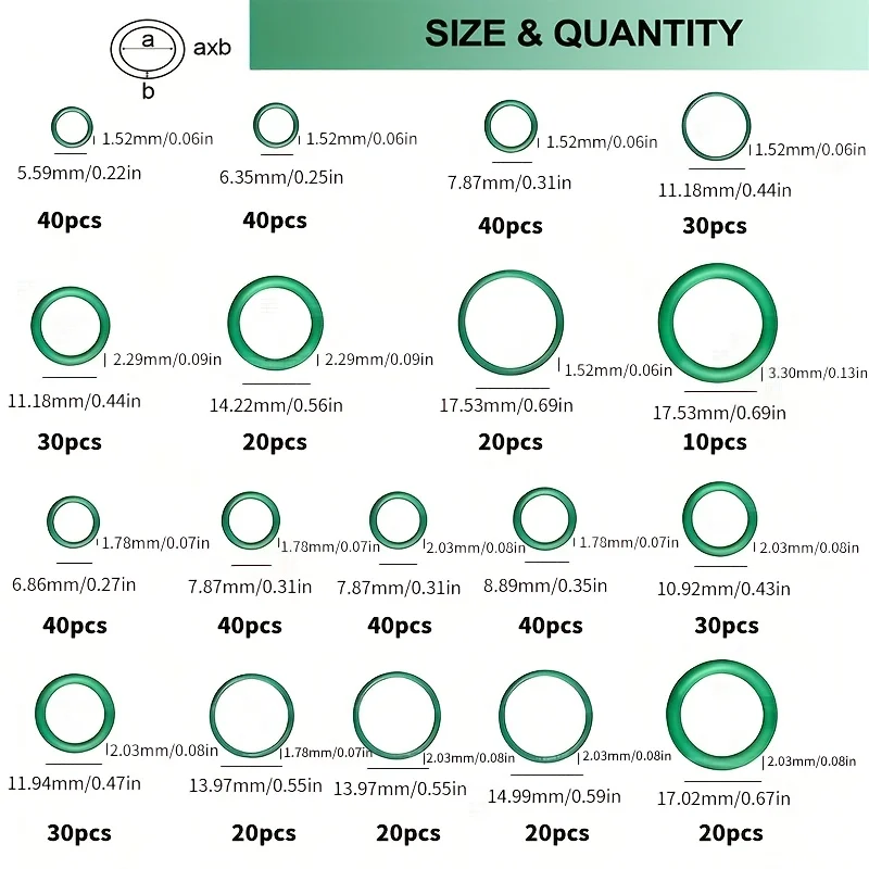 530Pcs Green Car Air Conditioning O-Ring Kit HNBR Rubber Seals A/C System Repair Gaskets Assortment Set for Auto Repair Tools
