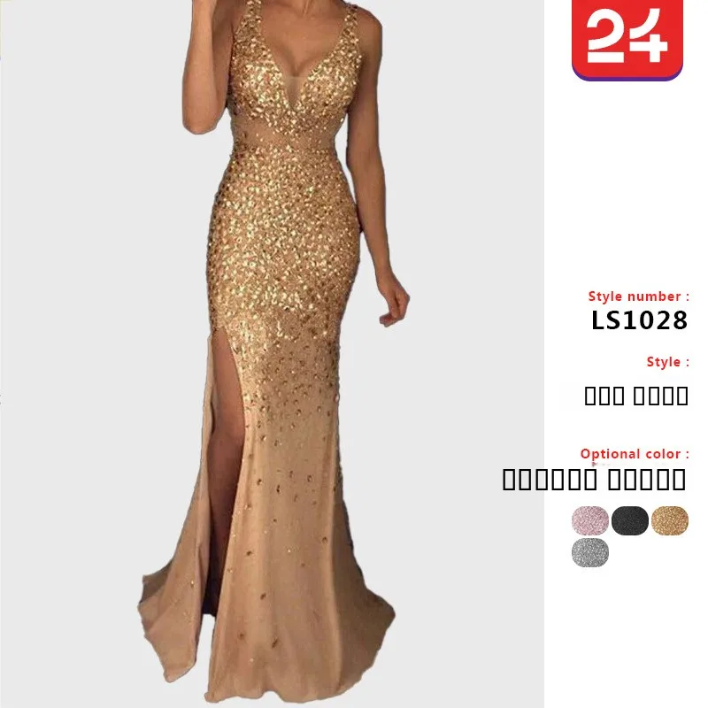 

2025 New Women's Long Dr V-ne Slit Gold Sprinkled Dr Gown Polyester Material Svel Midi Waist Zipper Sle