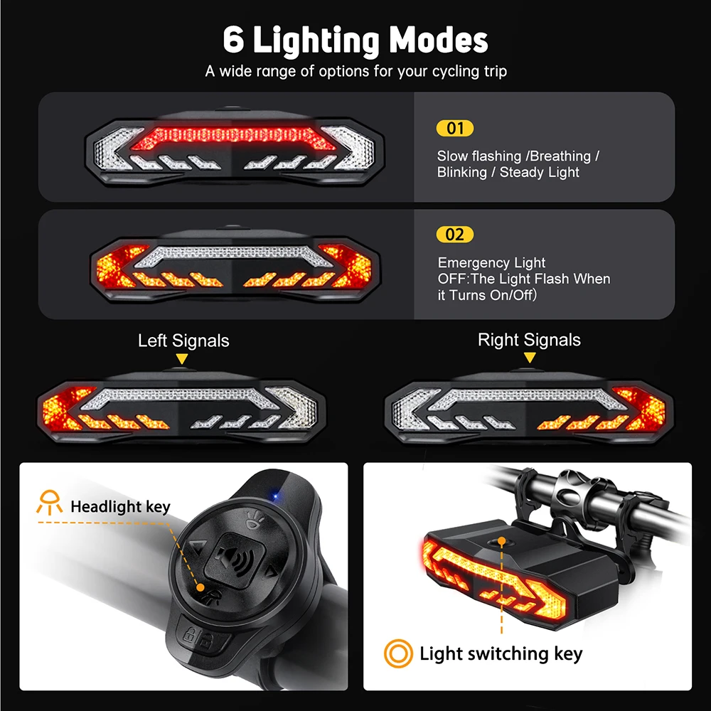 Hollarm 5 em 1 luzes de bicicleta com sinais de volta alarme anti-roubo farol inteligente à prova d\'água 6 modos de luz para segurança noturna