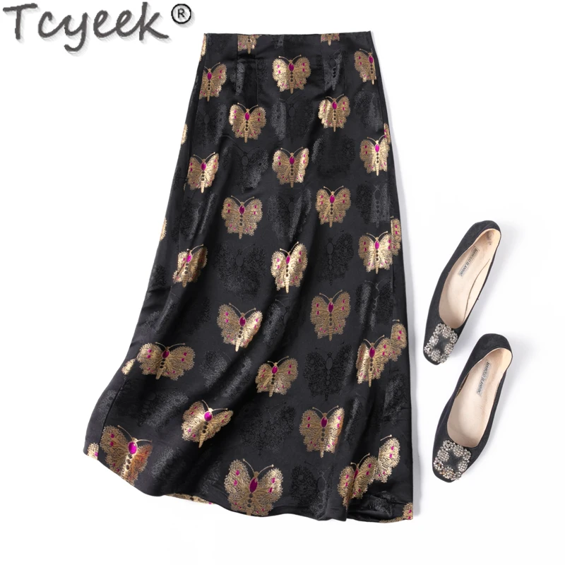 

Tcyeek 50% Mulberry Silk Luxury Skirts for Woman Elegant Women's Skirt 2024 Spring Summer Split Skirts Midi Skirt Saia Feminina