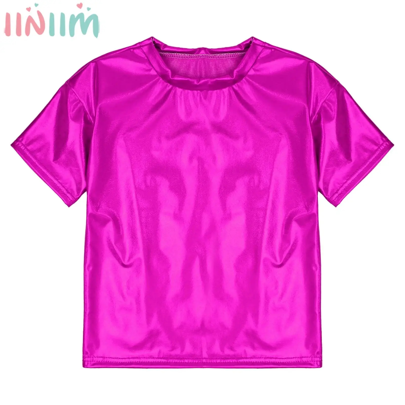 Kids Hip Hop Jazz Dance Performance Clothes Short Sleeve Metallic Shiny T-shirt Top Birthday School Party Dancewear Homewear