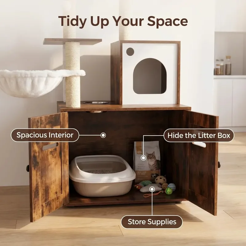 Modern Solid Wood Villa Cat House Storage Bench Indoor Pet Furniture Box Cabinet Easy Clean All Seasons Hook Loop
