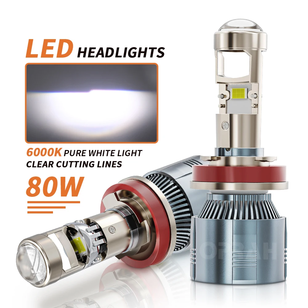 2pcs Car LED H7 H4 Headlight Bulb With Mini Projector Lens H11 H8 H9 9005 9006 9012 Vehicle Accessories Headlamp 80W 20000LM 12V