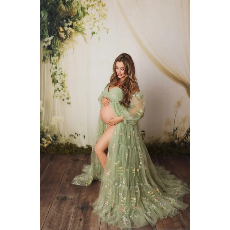 

Flower Embroidery Tulle Maternity Dresses Photoshoot Ruffles Puffy Sleeve Long Robes - Pregnancy Photoshoot Gown baby shower