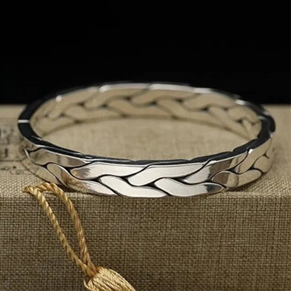 

925 Sterling Silver Woven Open Bracelet for Men and Women Retro National Style Love Interwoven Couple Luxury Jewelry Gift