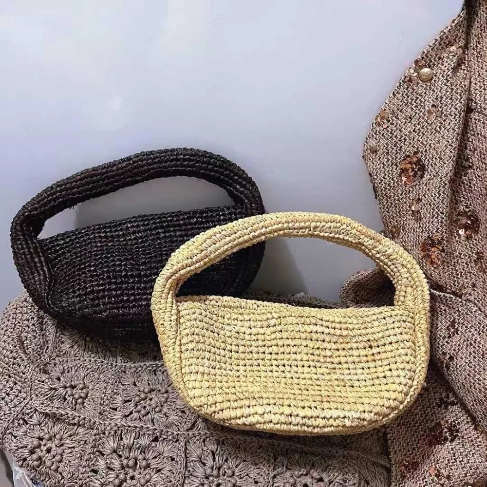 

Half Moon Straw Bags for Women Shoulder Bag Handmade Knitting Handbags and Purses Bohemian Crochet Beach Bag NEW Crossbody Bags