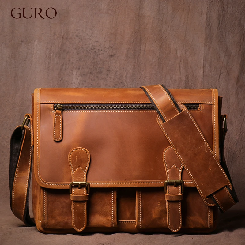 GURO Vintage Crazy Horse Leather Messenger Bag Men\'s Genuine Luxury Sling Shoulder Bag Office Briefcase Crossbody 12.9 Inch Ipad