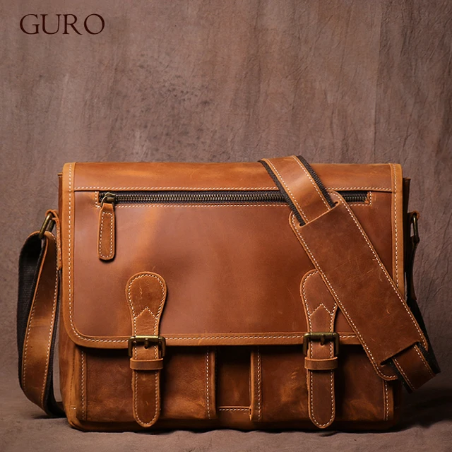 GURO Vintage Crazy Horse skórzana torba męska oryginalna luksusowa torba na ramię z paskiem teczka biurowa Crossbody 12.9 Cal Ipad