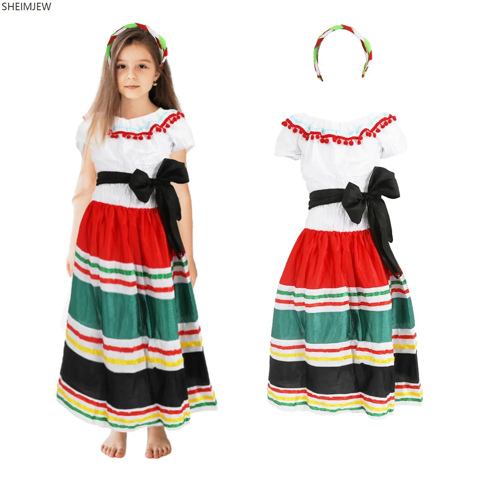 

Cute Girl Carnival Campus Activities Day Of The Dead Costume Striped Mexican Ethnic Little Girl Dress Mexican Struy Animation