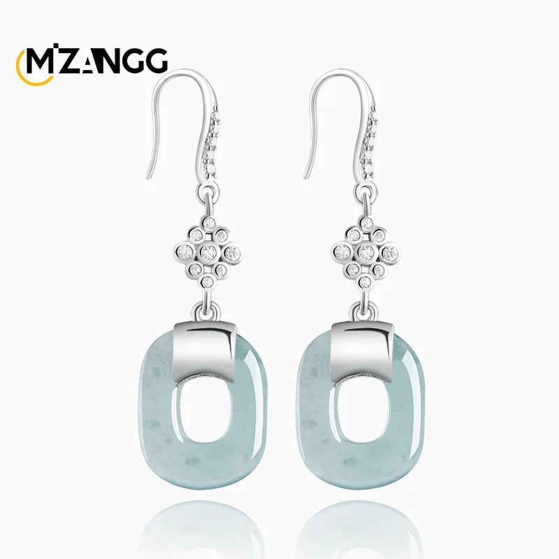 Natural A-Grade Blue Water Jadeite Square Geometric Earrings for Women-Icy Jade S925 Sterling Silver Elegant Luxury Jewelry Gift