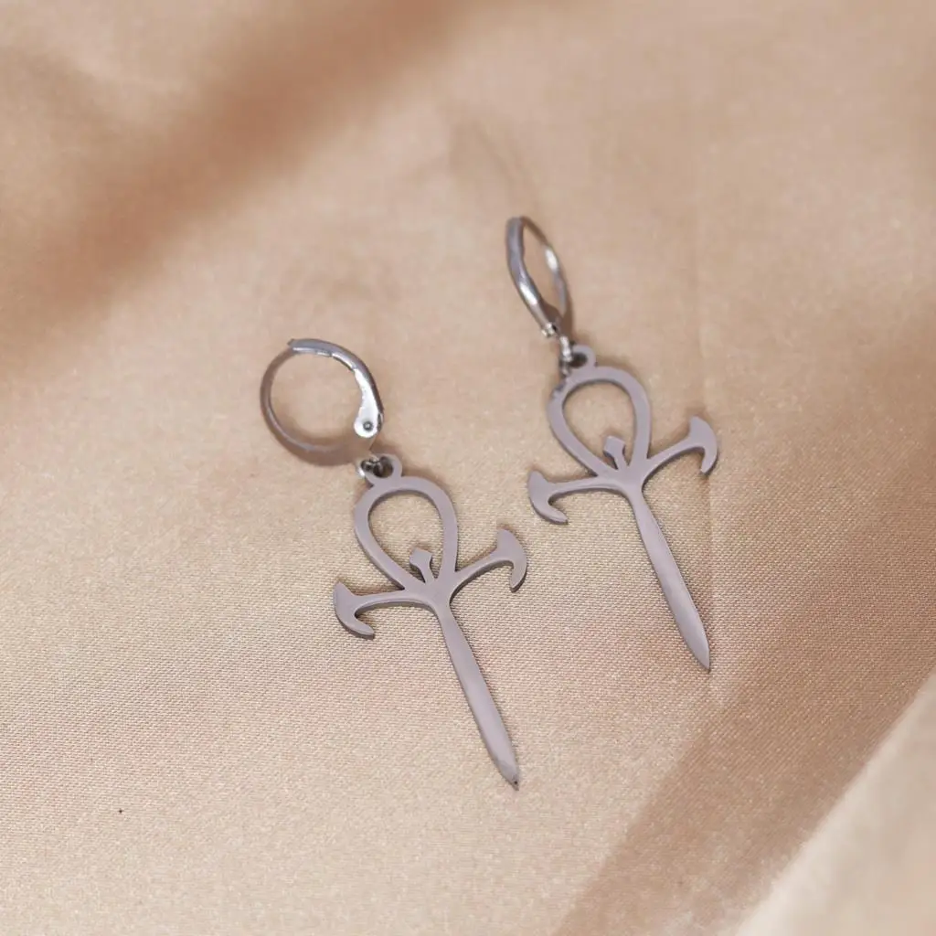 QIAMNI Stainless Steel Vintage Egyptian Cross Ankh Life Dagger Sword Charm Huggies Hoop Earrings Jewelry Gift Bijoux Pendientes