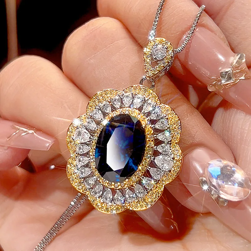 Vintage Oval Ruby Sapphire Jewelry Set Two-tone Lace Flower Ring Pendant Necklace Women Wedding Party Accessories