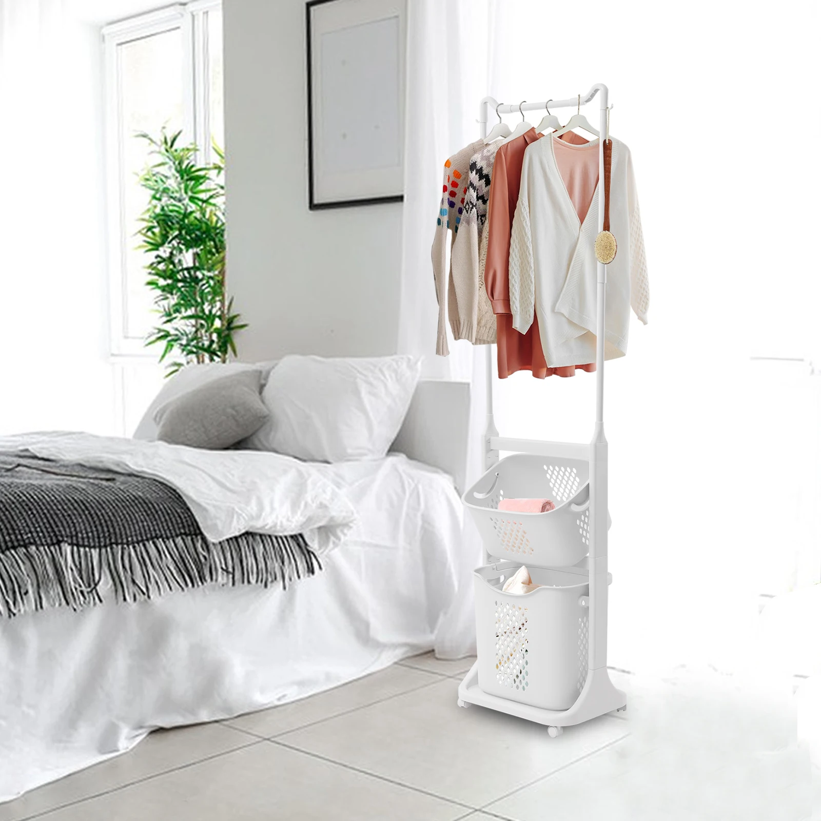 

Space Saving Coat Rack & Storage Shelf Organizer for Laundry Room Bathroom Kitchen Bedroom | Multi-Purpose White Hanging Hanger