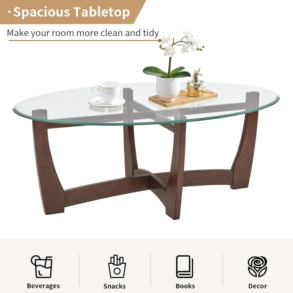 Modern Oval Tempered Glass Coffee Table with Solid Wood Base for Living Room, Simple & Stylish Center Table