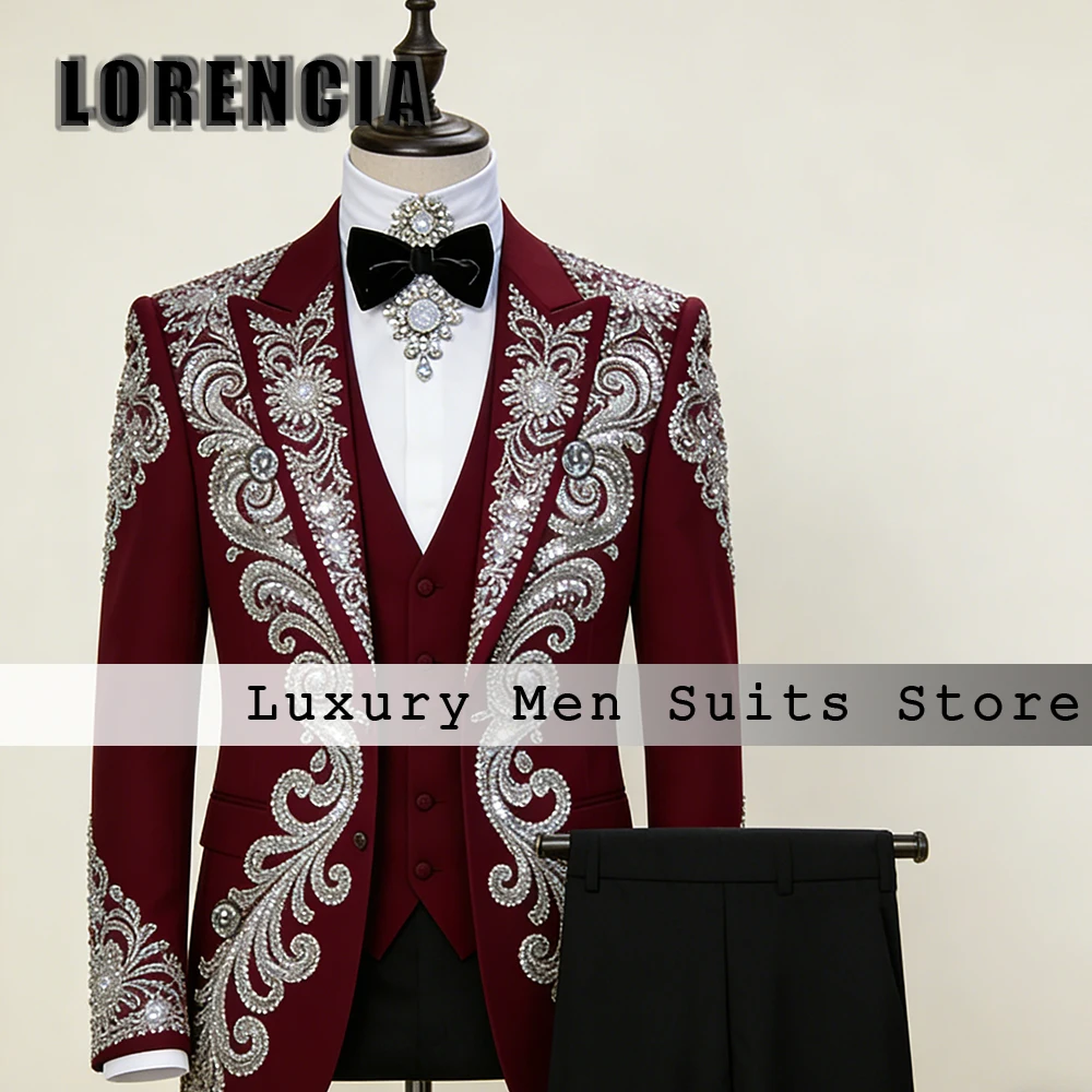 

Мужской костюм с блестящими кристаллами, 3 предмета, роскошный вечерний наряд с бриллиантами, смокинг для выпускного вечера, индивидуальный пошив: пиджак, брюки, жилет, disfraz hombre