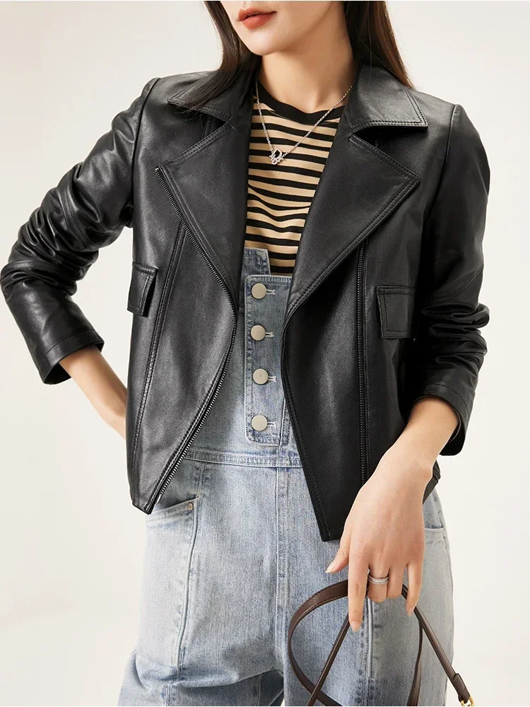 

Casual Short Genuine Leather Motorcycle Jackets for Women Spring Autumn 2026 New High-end Simple Solid Soft Real Sheepskin Coat