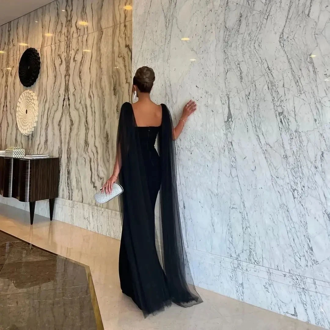 Elegant Black Women's Evening Dresses Formal Beading High Split Watteau Train Prom Gowns Tassel Floor-Length Cocktail Party Gown