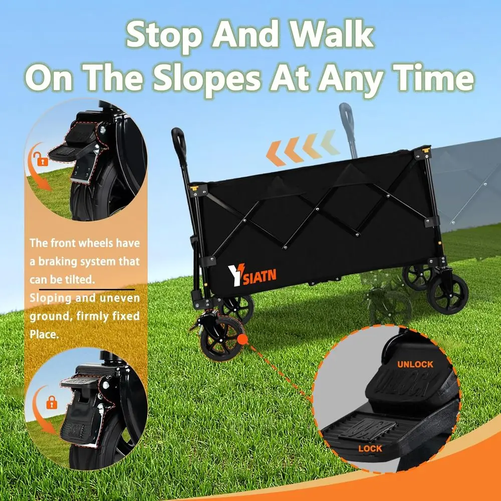 全地形対応折りたたみワゴン、130L容量、ショッピング、ビーチ、スポーツ、釣り、キャンプ用の頑丈なユーティリティカート、ブラック
