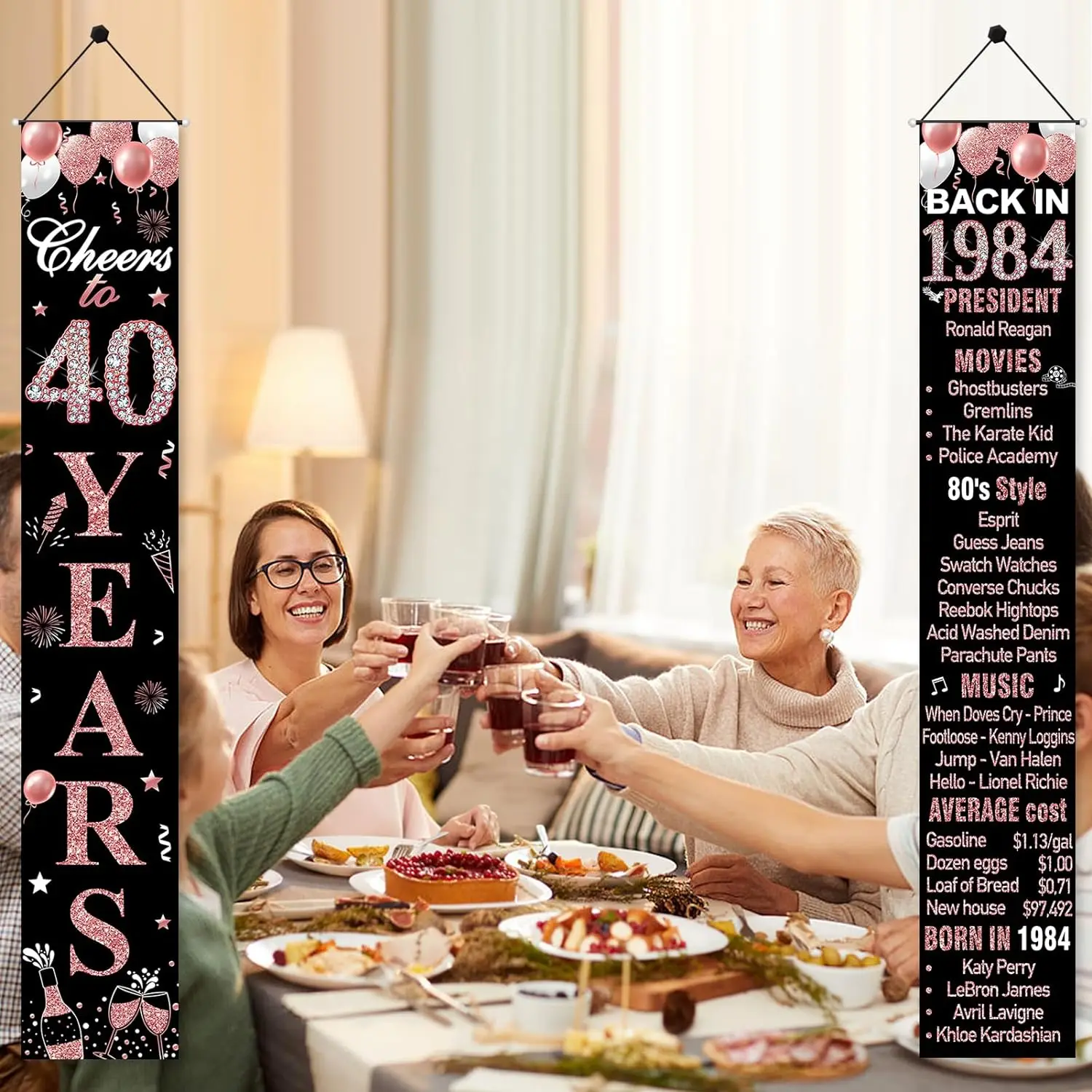 Rose Gold Cheers to 40th Birthday Party Back in 1984 Porch Sign Happy 40th Door Banner