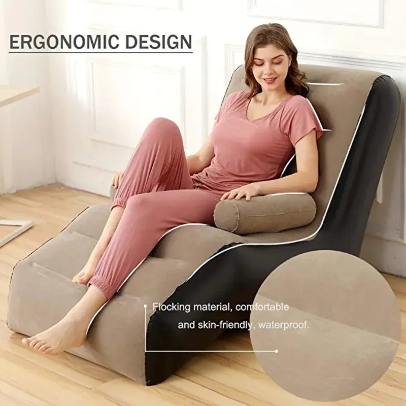 Inflatable Chaise Lounge Flocking Backrest Sofa Rocking Chair For Indoor Outdoor Home Terrace Garden Swimming Pool Camping