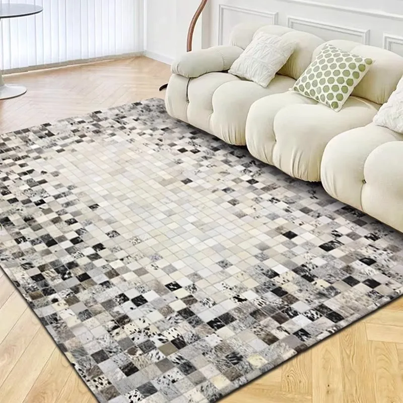 Real Cowhide Stitching Living Room Carpet Decorative Simple Geometric Bedroom Area Rugs Floor Mat Real Cows Leather Non-slip Rug