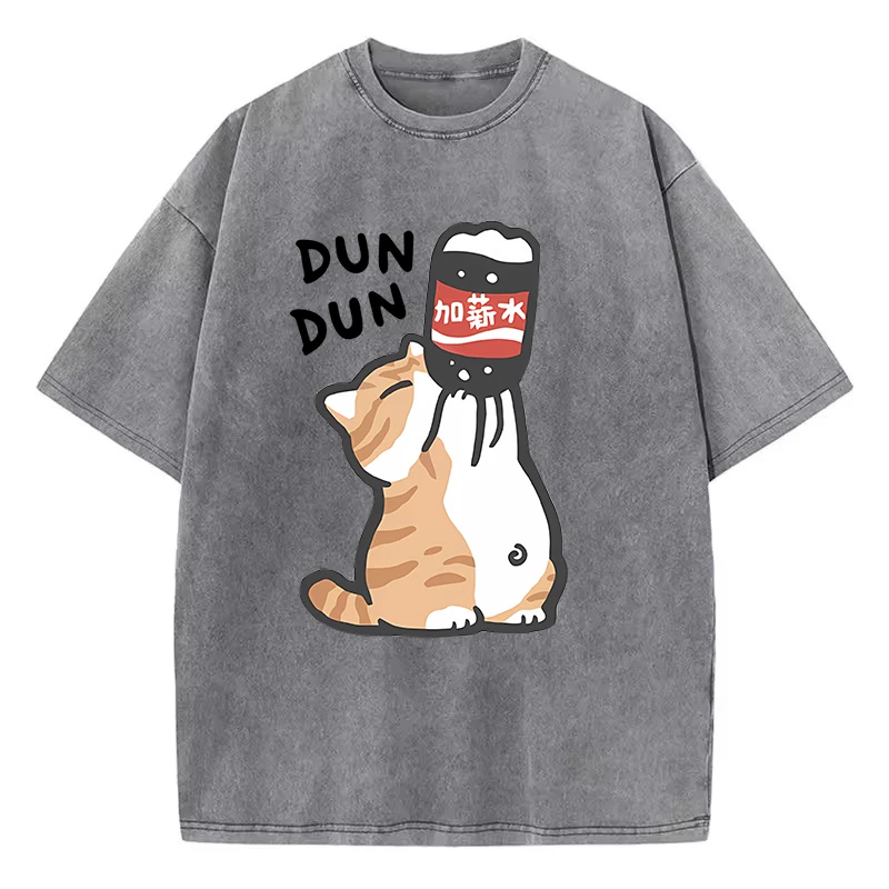 Manga Retro Washed 100% Cotton T-Shirt Cat Chinoiserie Style Vintage Top Tee Casual Streetwear Men Women Unisex T Shirt