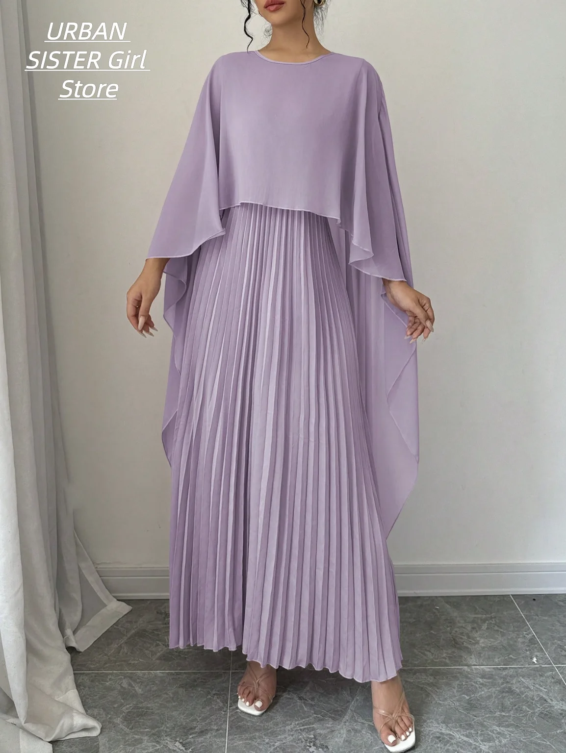 Light Purple Round-Neck Cape Shawl Long-Sleeve High-Waisted Pleated Long Dress, Gentle and Elegant Chiffon Wedding Bridesmaid Banquet Gown