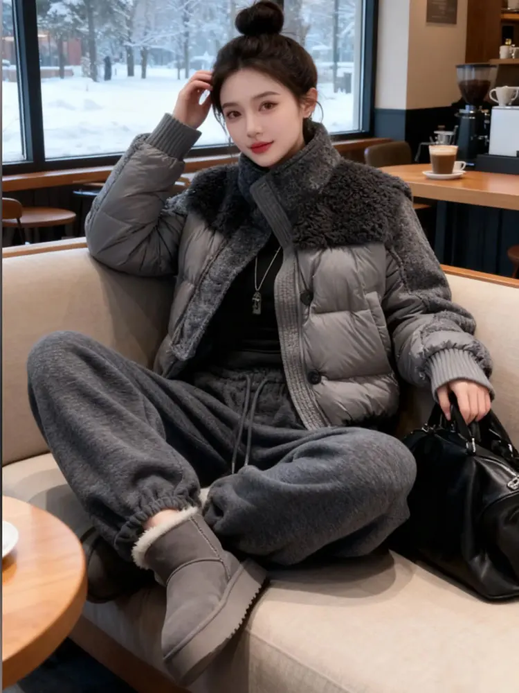 

Утепленный зимний модный женский комплект: куртка и брюки из хлопка, теплый повседневный комплект с высокой талией, длинными рукавами и застежкой-молнией.