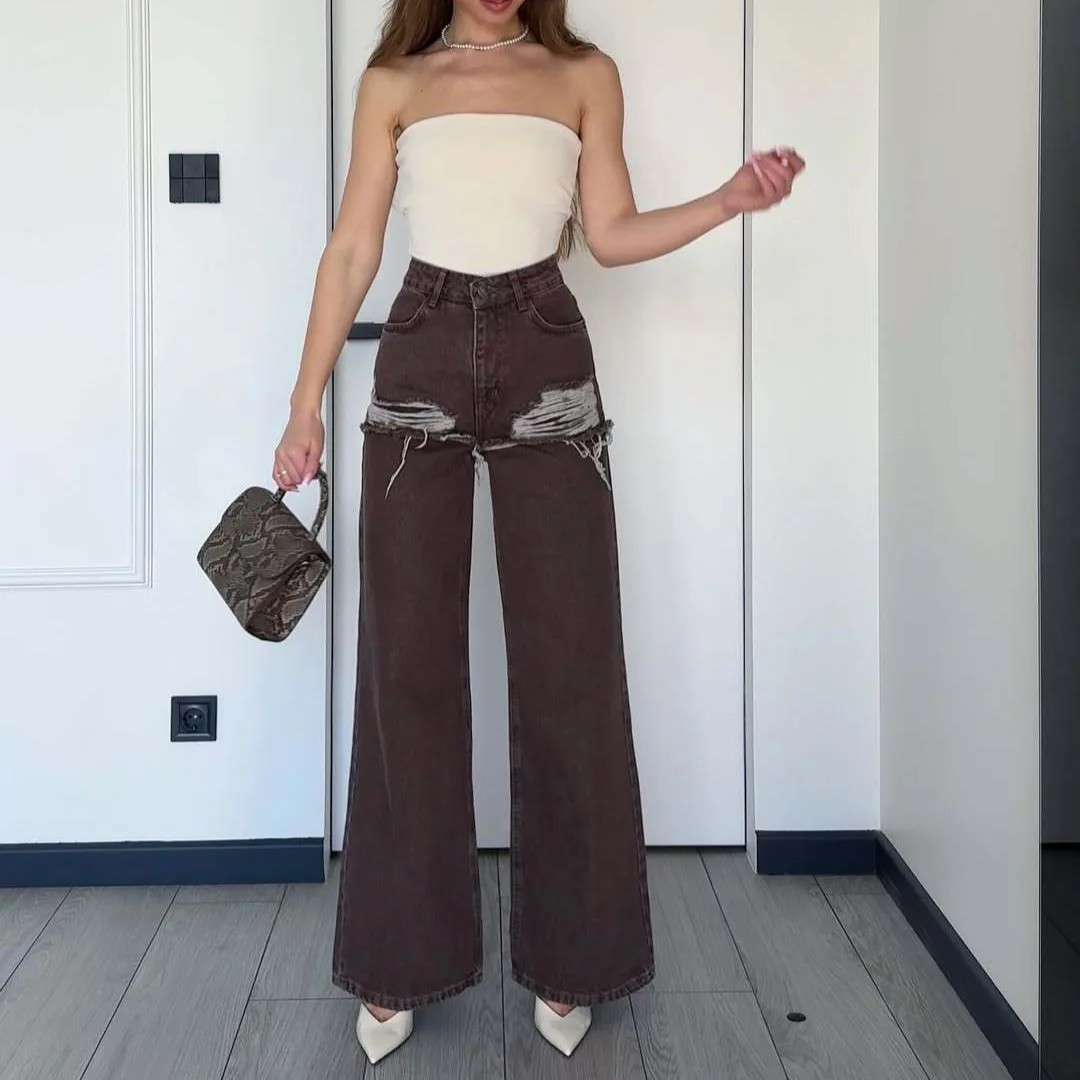 

Brown High Waist Jeans Destroyed Denim Pants Solid Color Straight Leg Y2K Trousers