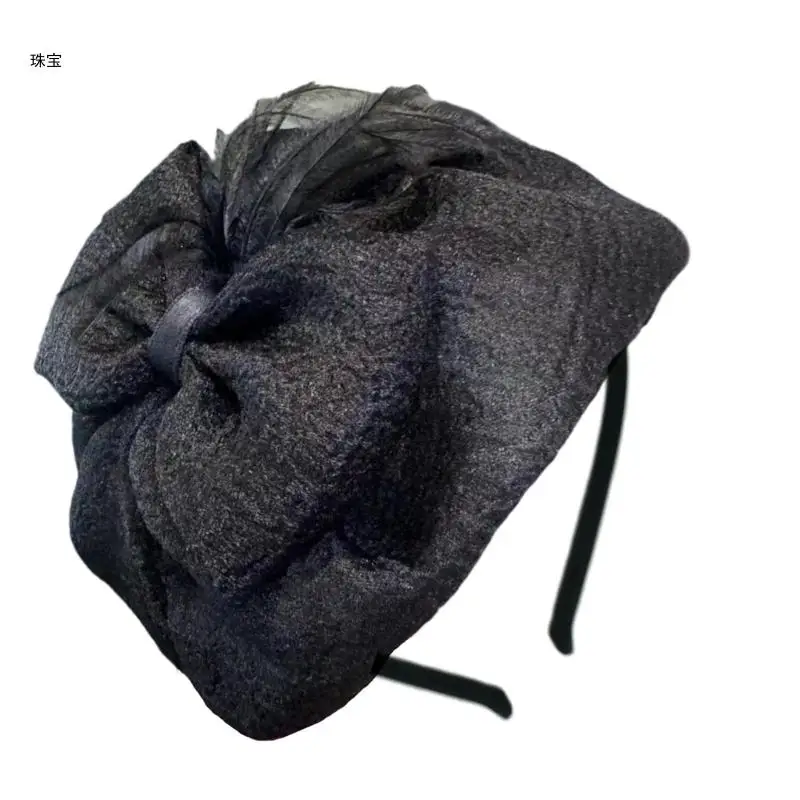 X5QE High Skull Bowtie Headband French Tulle Half Hat Thin Hairhoop Female Teaparty Hair Covering Formal Hair Decoration