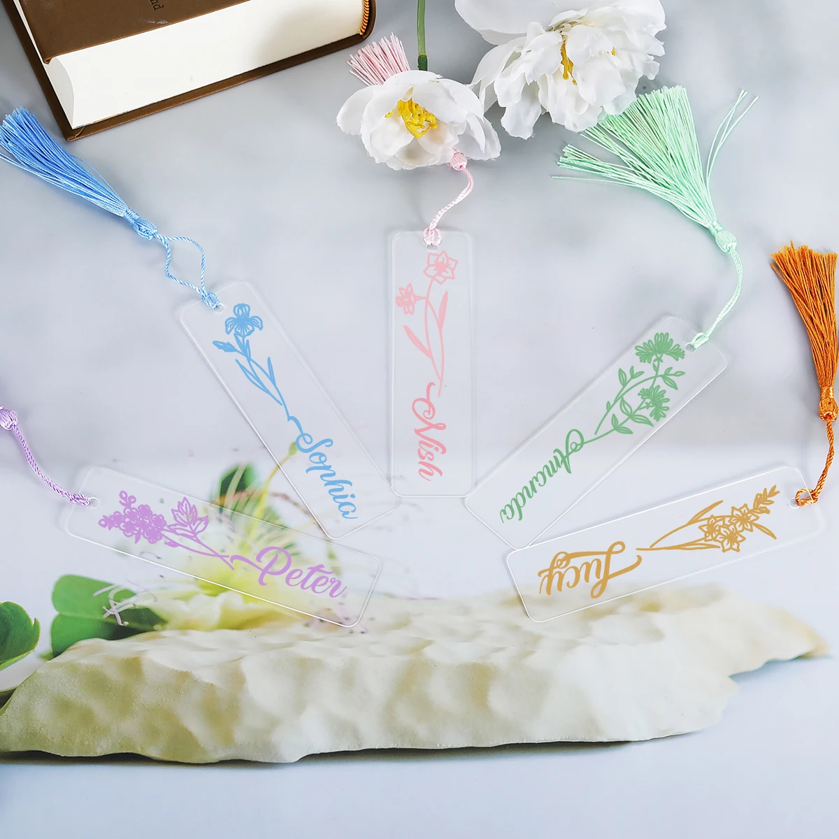 Custom Birth Flower Bookmark Personalized Name Acrylic Colorful Book Mark Gifts Birthday Gift for Women Book Lovers with Tassel